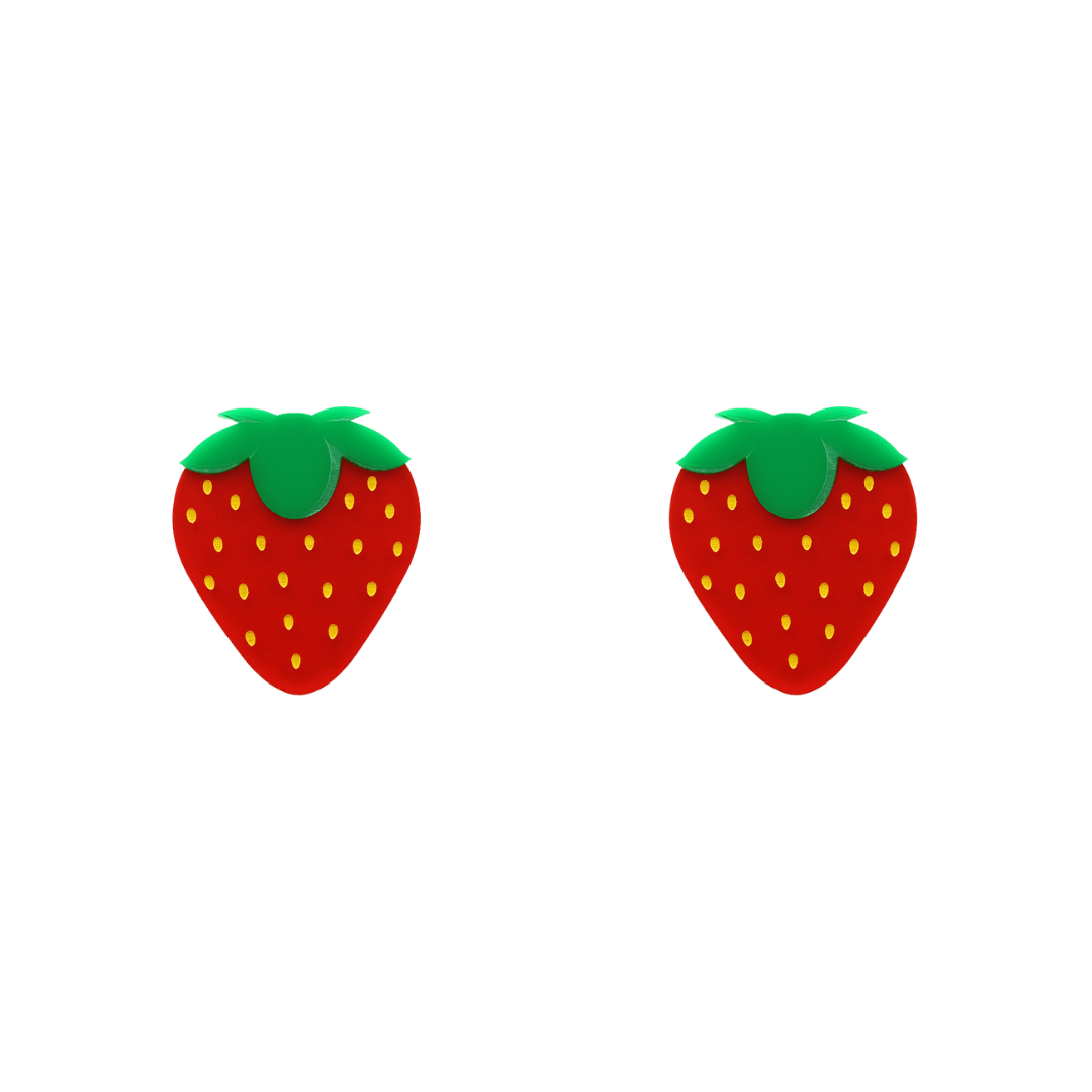 An image of Haus of Dizzy's strawberry-shaped stud, with red and green acrylic with yellow paint fill.