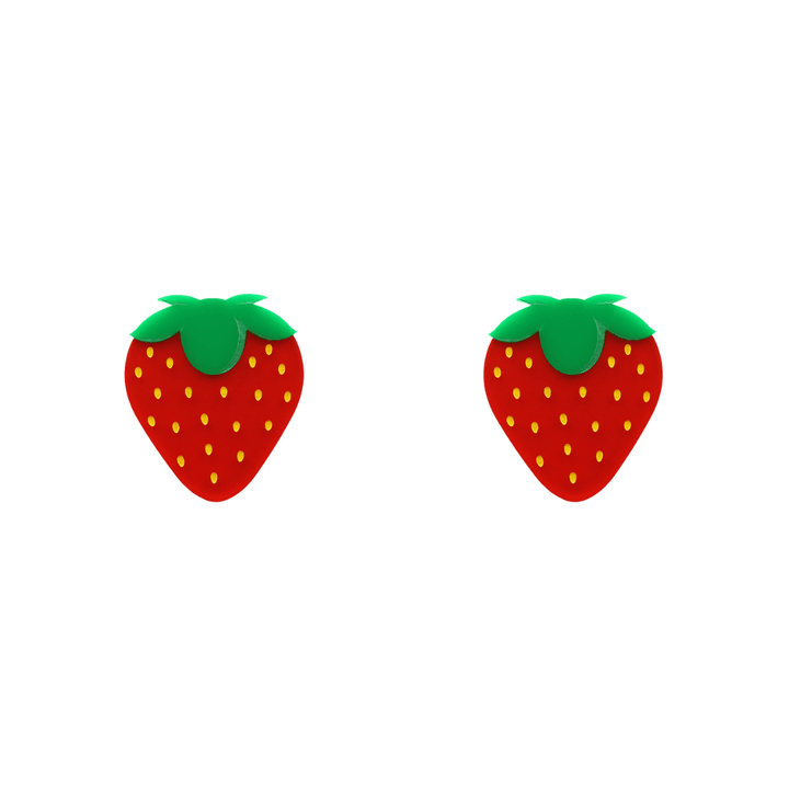 An image of Haus of Dizzy's strawberry-shaped stud, with red and green acrylic with yellow paint fill.