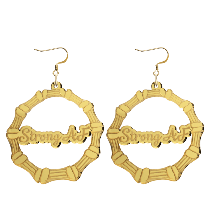 haus of dizzy acrylic gold mirror bamboo hoops with ollie cursive text that reads strong AF with hooks no circle stud tops size large