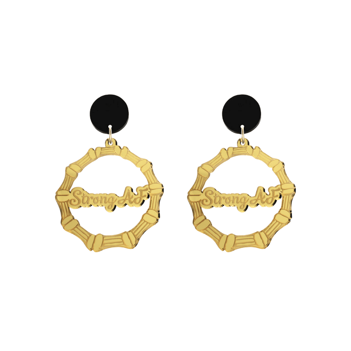 haus of dizzy acrylic gold mirror bamboo hoops with ollie cursive text that reads strong AF with black circle stud tops size small