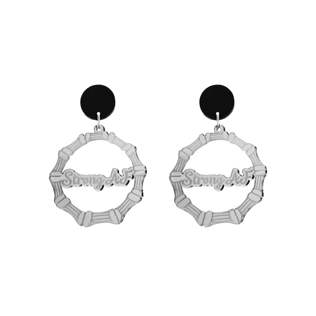 haus of dizzy acrylic silver mirror bamboo hoops with ollie cursive text that reads strong AF with black circle stud tops size small