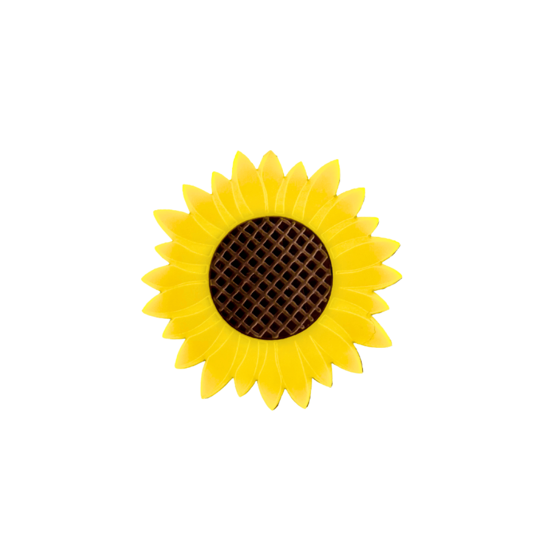 image of haus of dizzy sunflower pin made from yellow and brown matte etched acrylic 