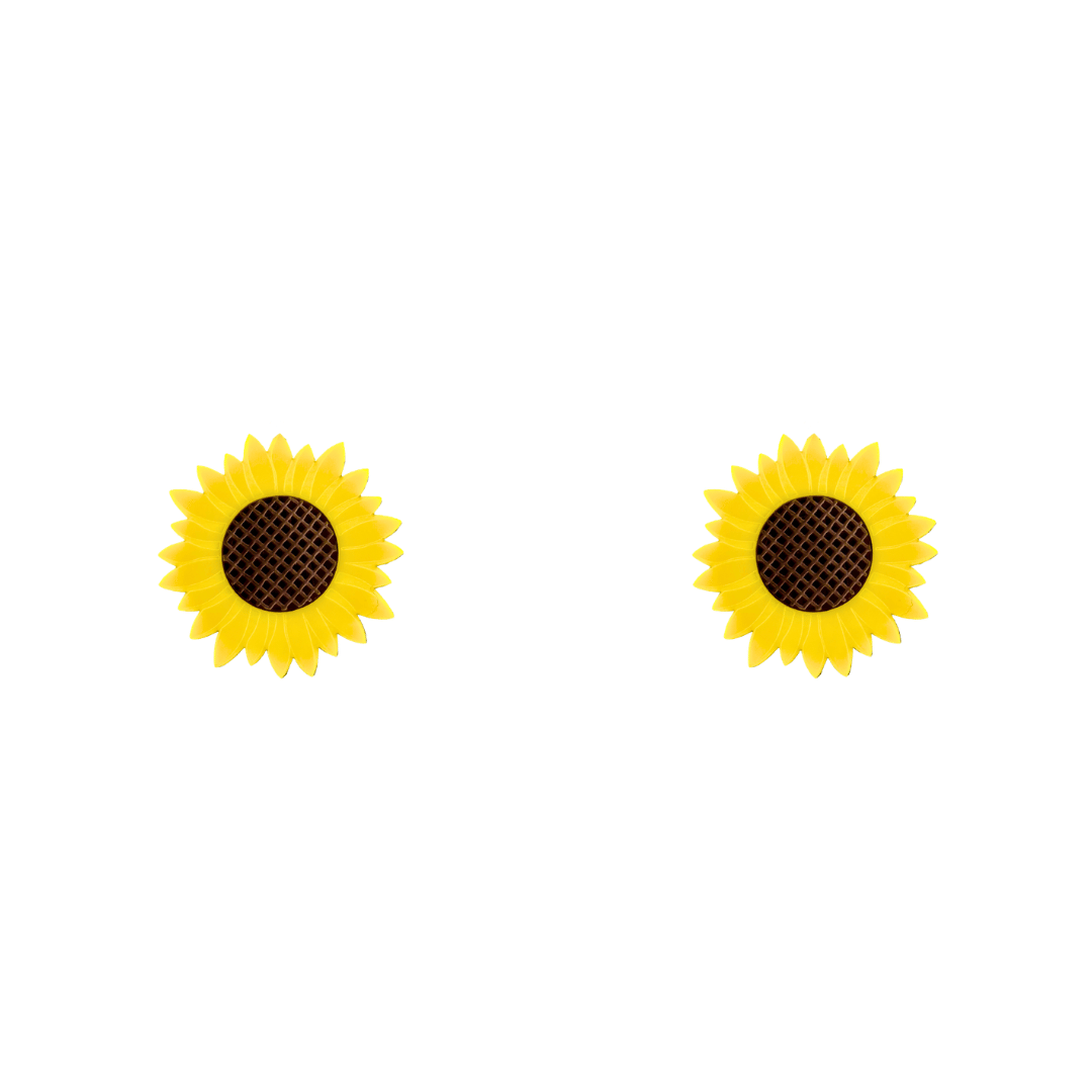 haus of dizzy sweet sunflower studs made from yellow and brown matte acrylic