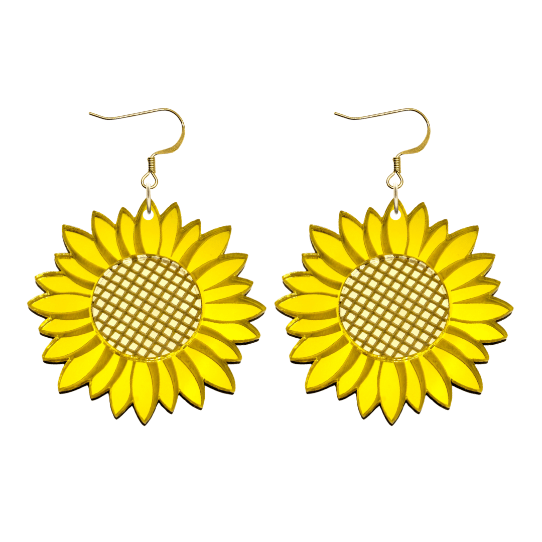 image of haus of dizzys sweet sunflower mirrored acrylic earrings with gold hooks no heart tops