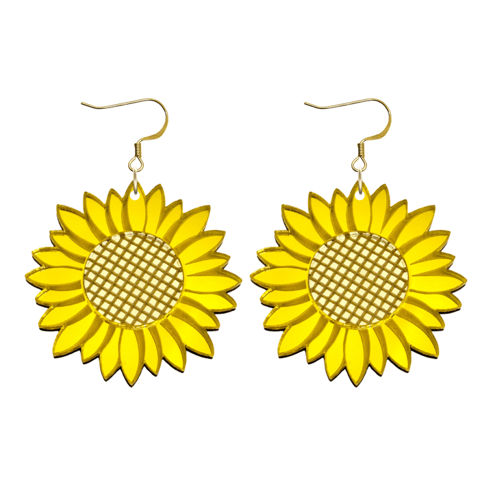 image of haus of dizzys sweet sunflower mirrored acrylic earrings with gold hooks no heart tops