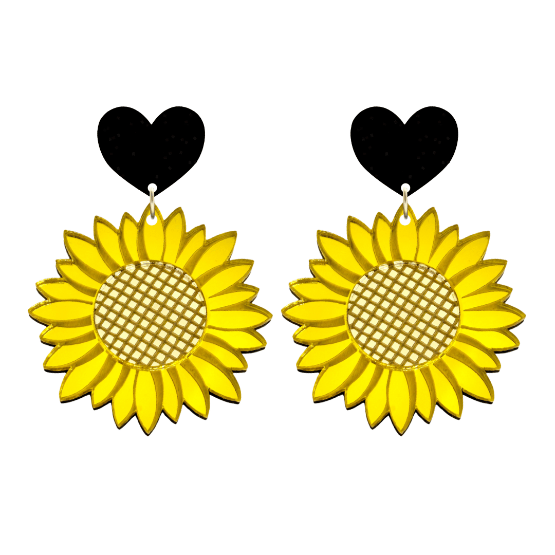 image of haus of dizzys sweet sunflower mirrored acrylic earrings with black heart tops one size with studs