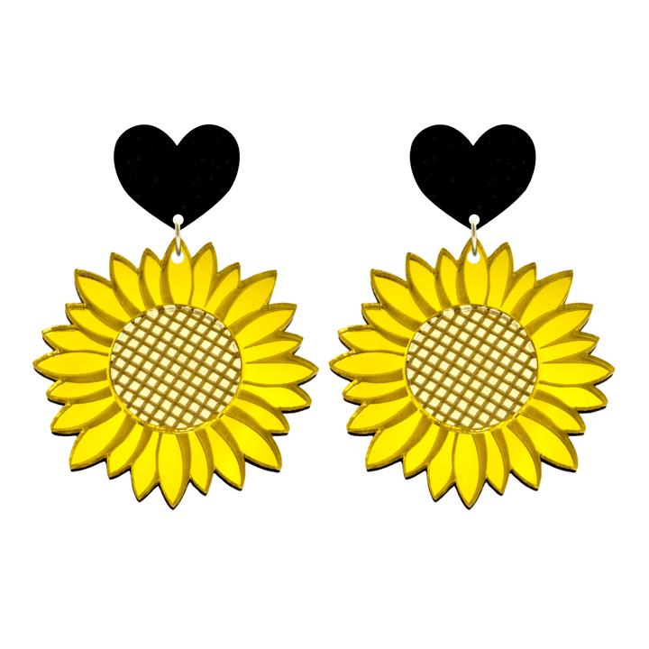 image of haus of dizzys sweet sunflower mirrored acrylic earrings with black heart tops one size with studs