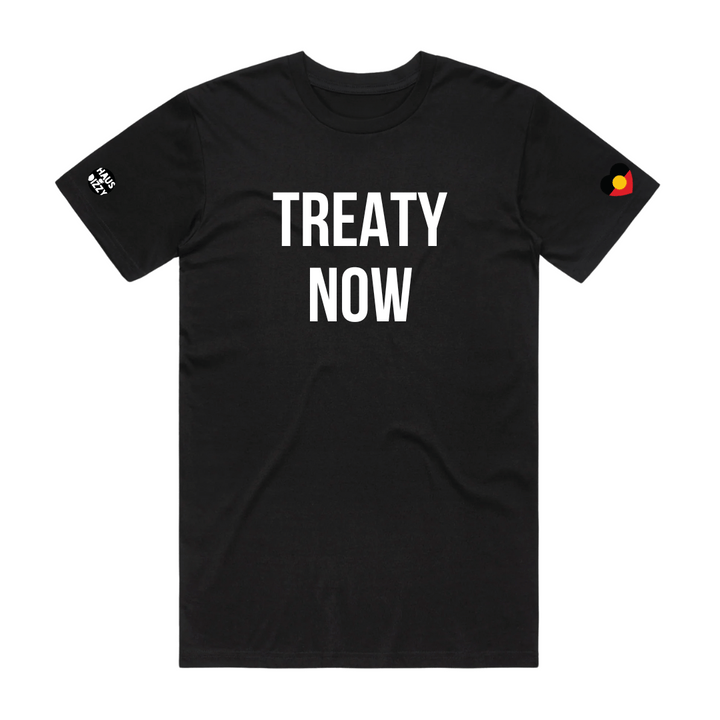 Black t-shirt with 'TREATY NOW' white text on a white background