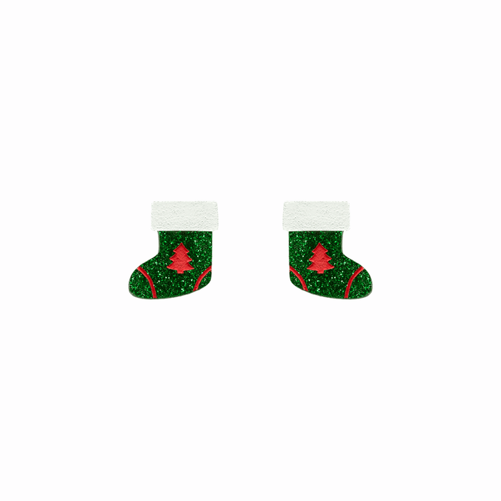 haus of dizzy twinkle toes studs. green glitter christmas stockings with red painted trees and white detailing. one size