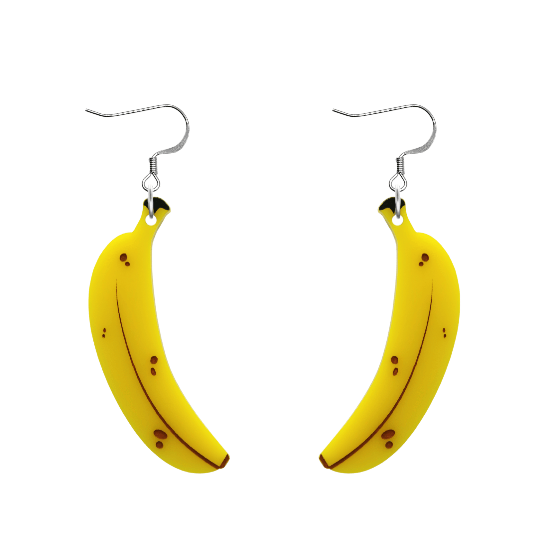 An image of Haus of Dizzy's very a peel-ing earrings, closed large banana-shaped dangle earrings, with gloss yellow acrylic with black and brown paint fill and a hook top.