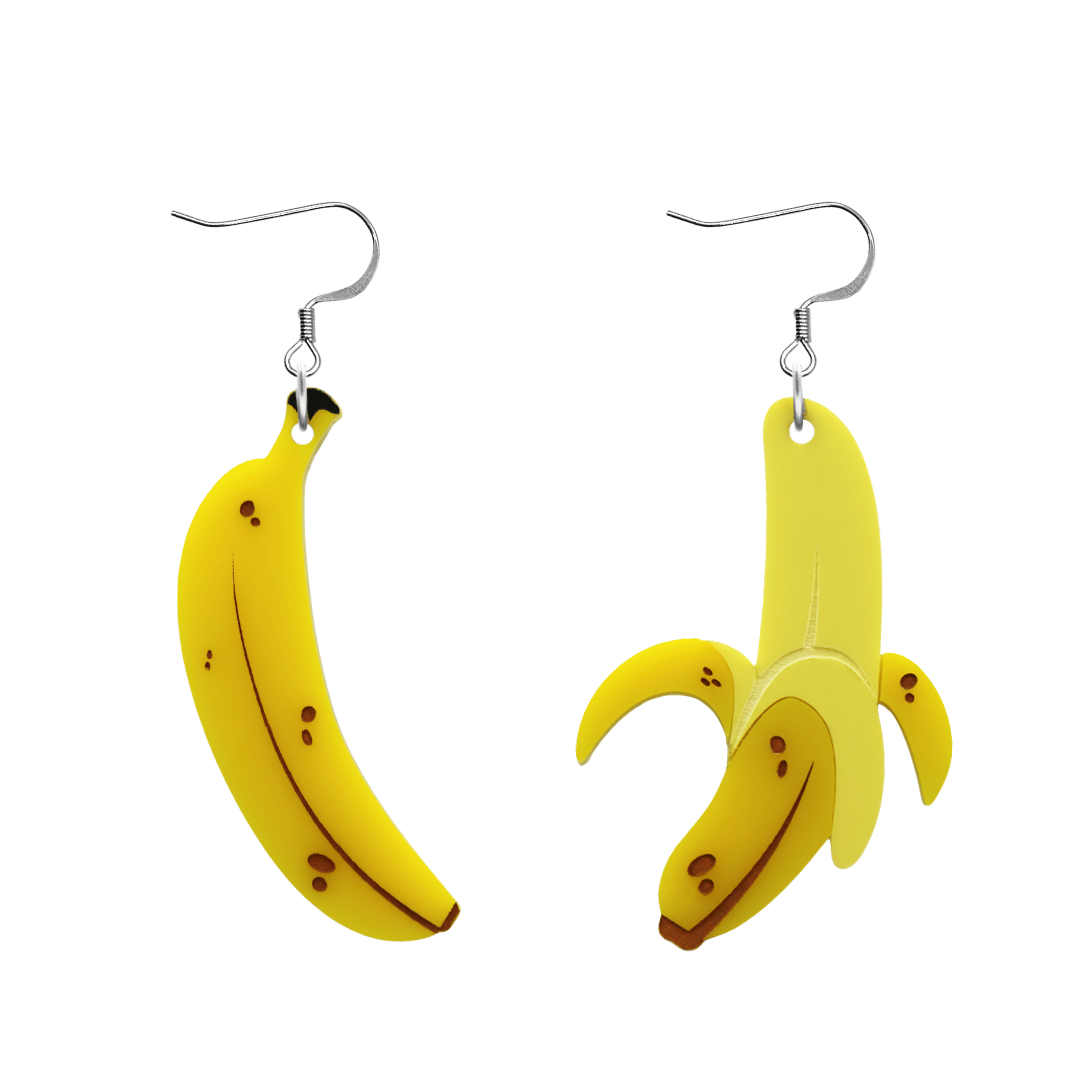 An image of Haus of Dizzy's very a peel-ing earrings, with one closed and one half peeled large banana-shaped dangle earrings, with pastel yellow and gloss yellow acrylic with black and brown paint fill and a hook top.