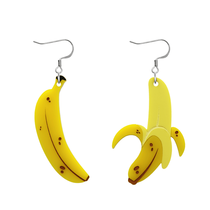 An image of Haus of Dizzy's very a peel-ing earrings, with one closed and one half peeled large banana-shaped dangle earrings, with pastel yellow and gloss yellow acrylic with black and brown paint fill and a hook top.