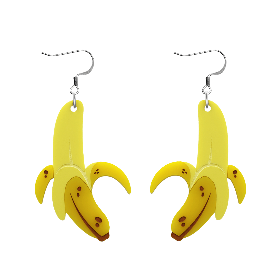 An image of Haus of Dizzy's very a peel-ing earrings, half peeled large banana-shaped dangle earrings, with pastel yellow and gloss yellow acrylic with black and brown paint fill and a hook top.