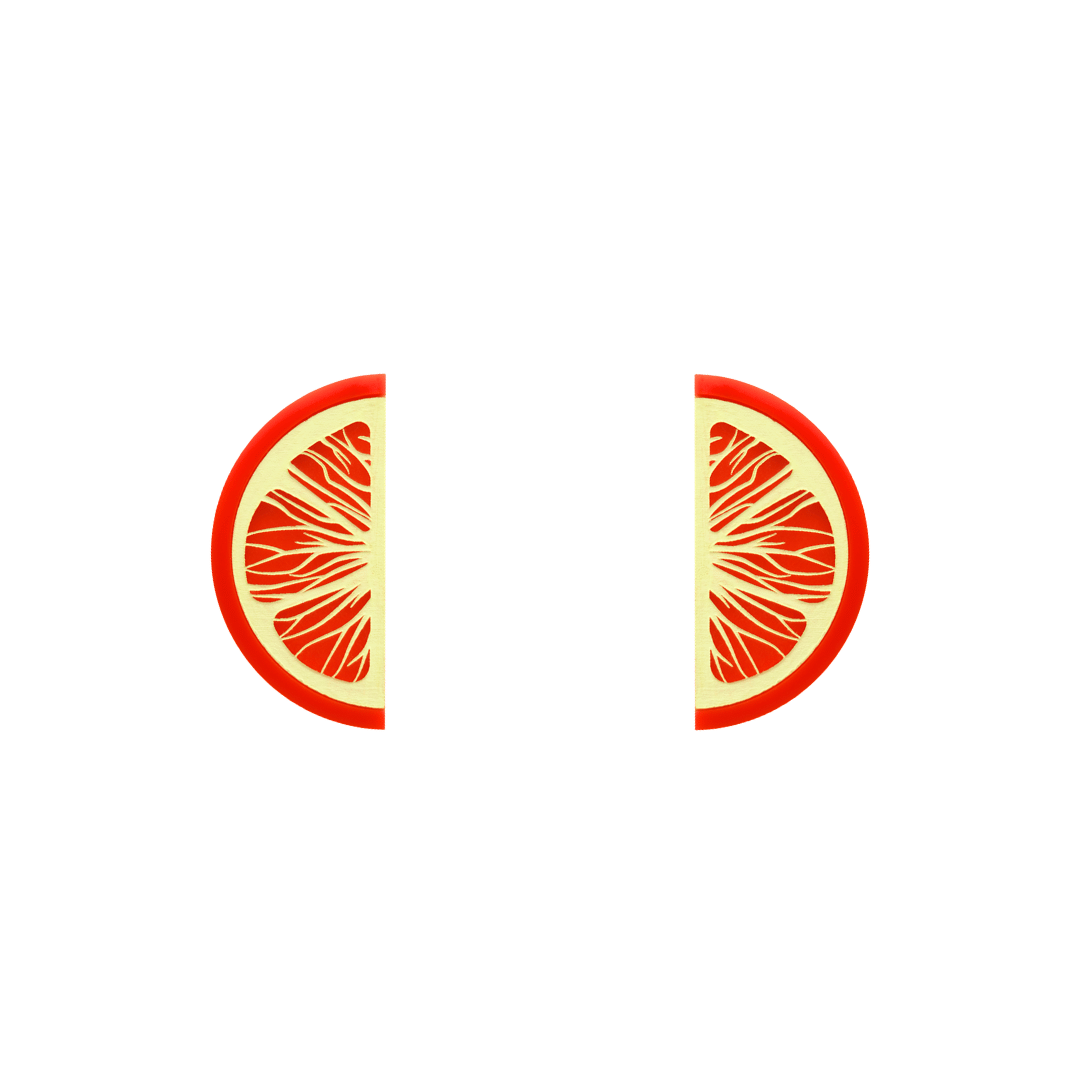 An image of Haus of Dizzy's Vitamin C studs, orange sliced-shaped, with orange acrylic with ivory paint fill