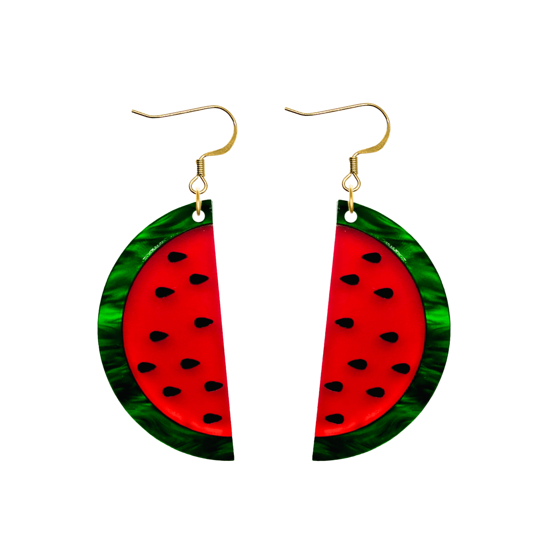haus of dizzy watermelon earrings using frosted red acrylic with hand-painted black seeds and green ripple acrylic for rind