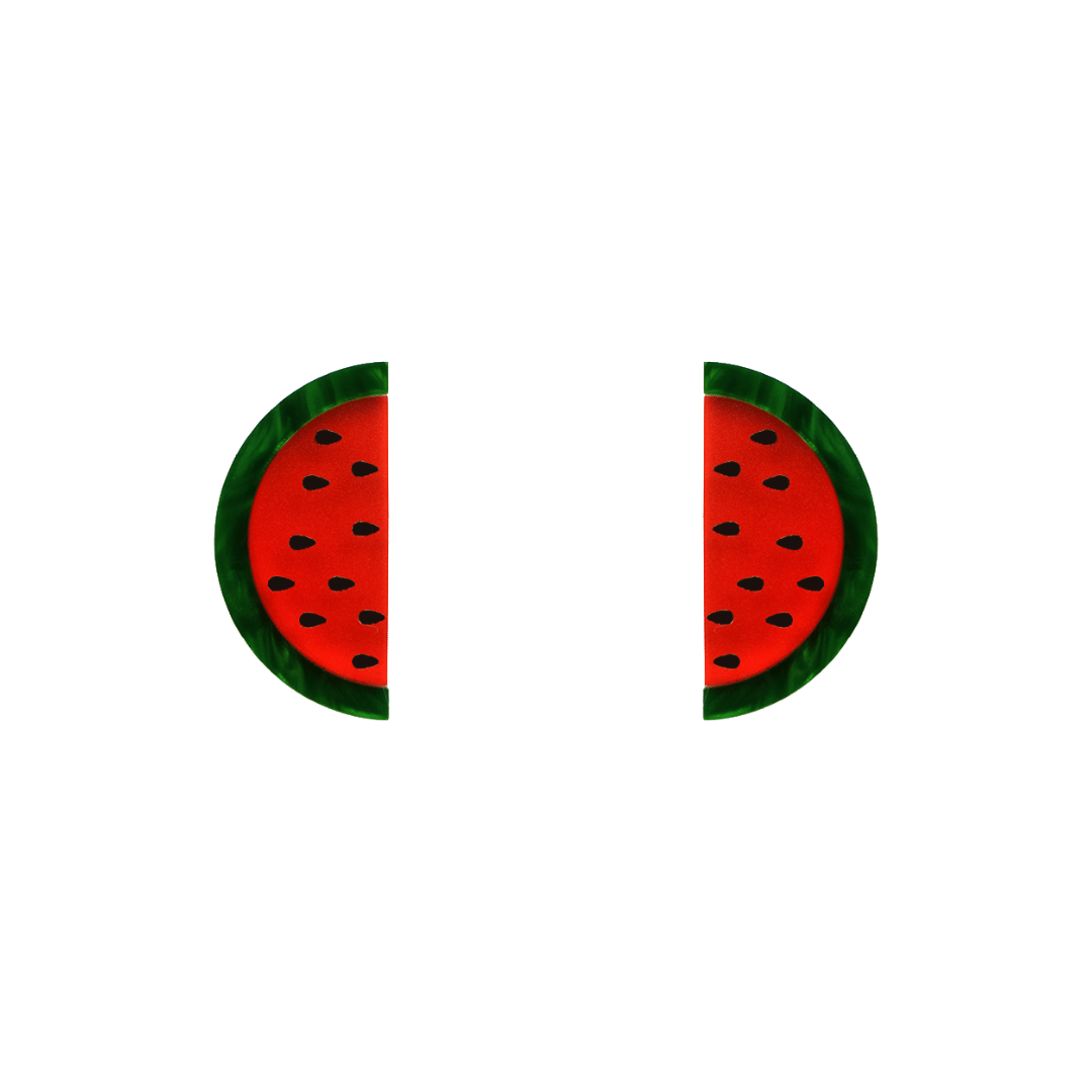 An image of Haus of Dizzy's watermelon sliced-shaped studs, with red and green acrylic with black paint fill.