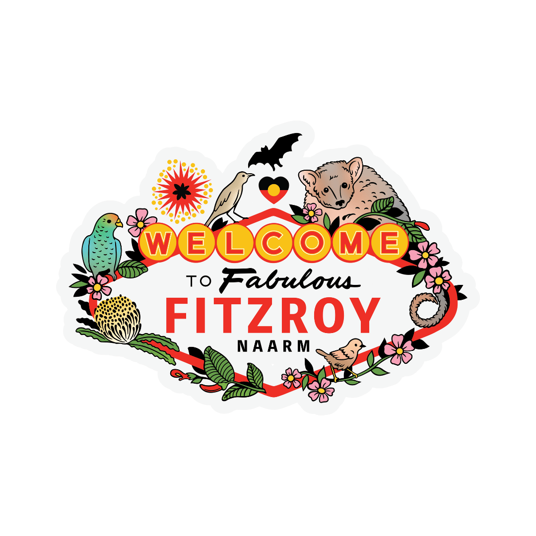 haus of dizzy welcome to fabulous fitzroy sticker with native flowers and animals around border