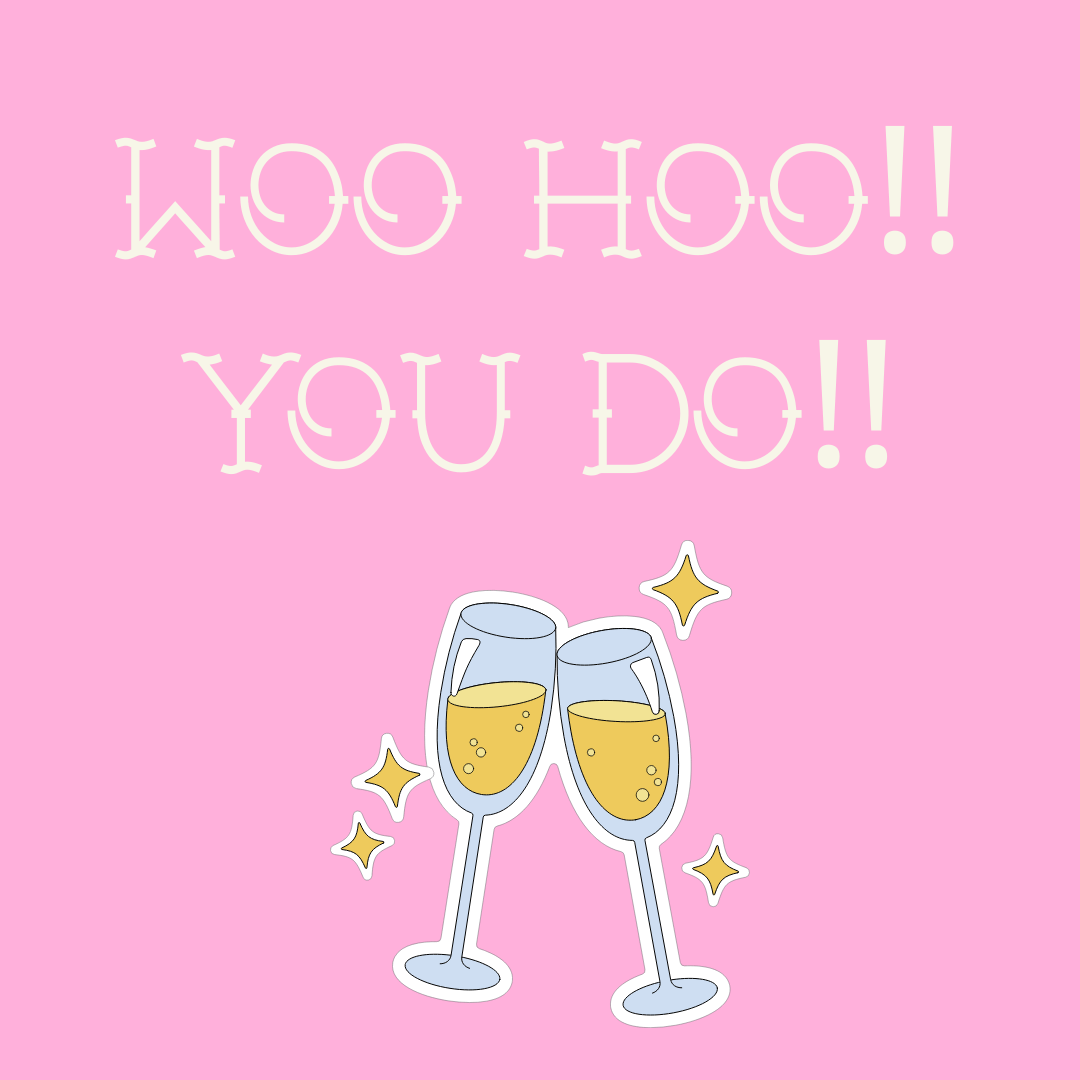 haus of dizzy wedding greeting card with two champagne glasses clinking together with 'Woo Hoo!! You Do!!' text on a pink background