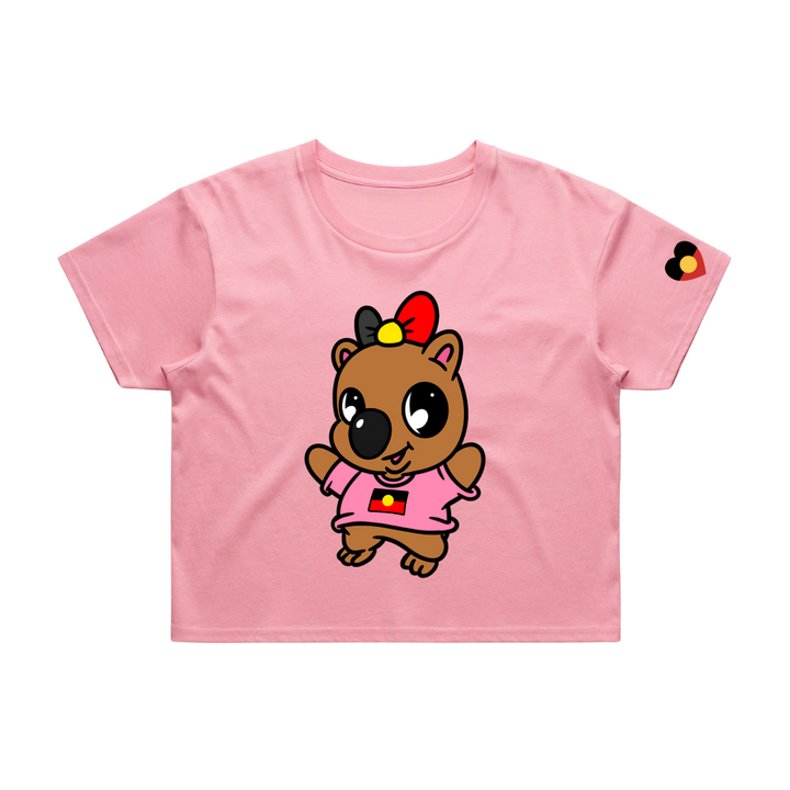 Pink crop t-shirt with a cartoon character, Woomie the wombat, on a white background