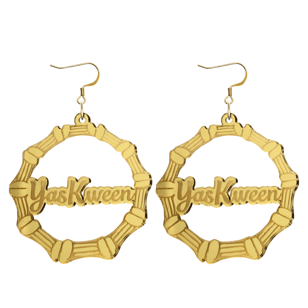 haus of dizzy acrylic gold mirror bamboo hoops with ollie cursive text that reads yas kween with hooks no circle stud tops size large