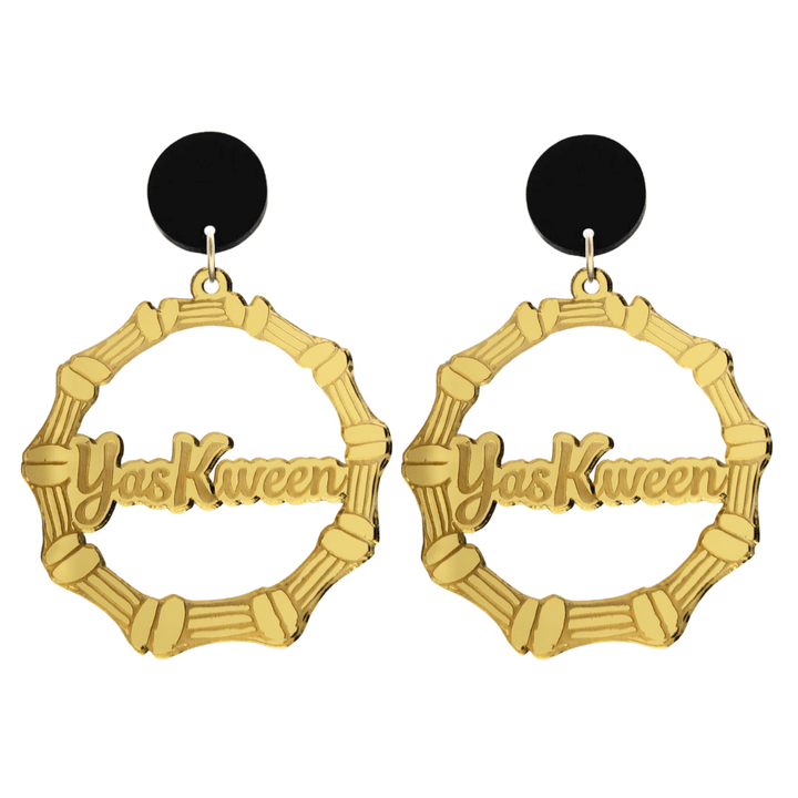haus of dizzy acrylic gold mirror bamboo hoops with ollie cursive text that reads yas kween with black circle stud tops size large