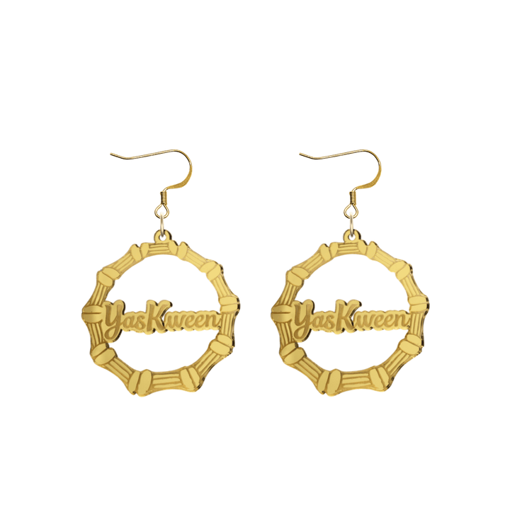 haus of dizzy acrylic gold mirror bamboo hoops with ollie cursive text that reads yas kween with hooks no circle stud tops size small