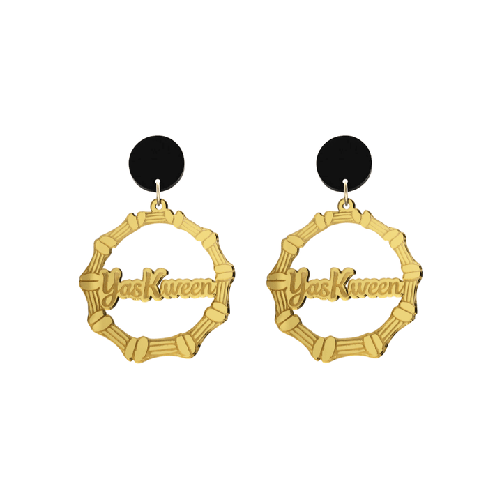 haus of dizzy acrylic gold mirror bamboo hoops with ollie cursive text that reads yas kween with black circle stud tops size small