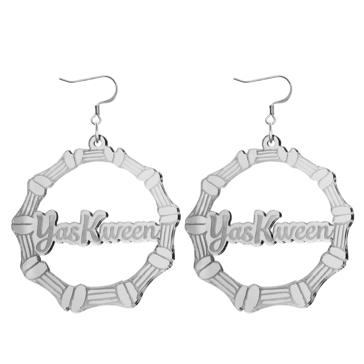 haus of dizzy acrylic silver mirror bamboo hoops with ollie cursive text that reads yas kween with hooks no circle stud tops size large