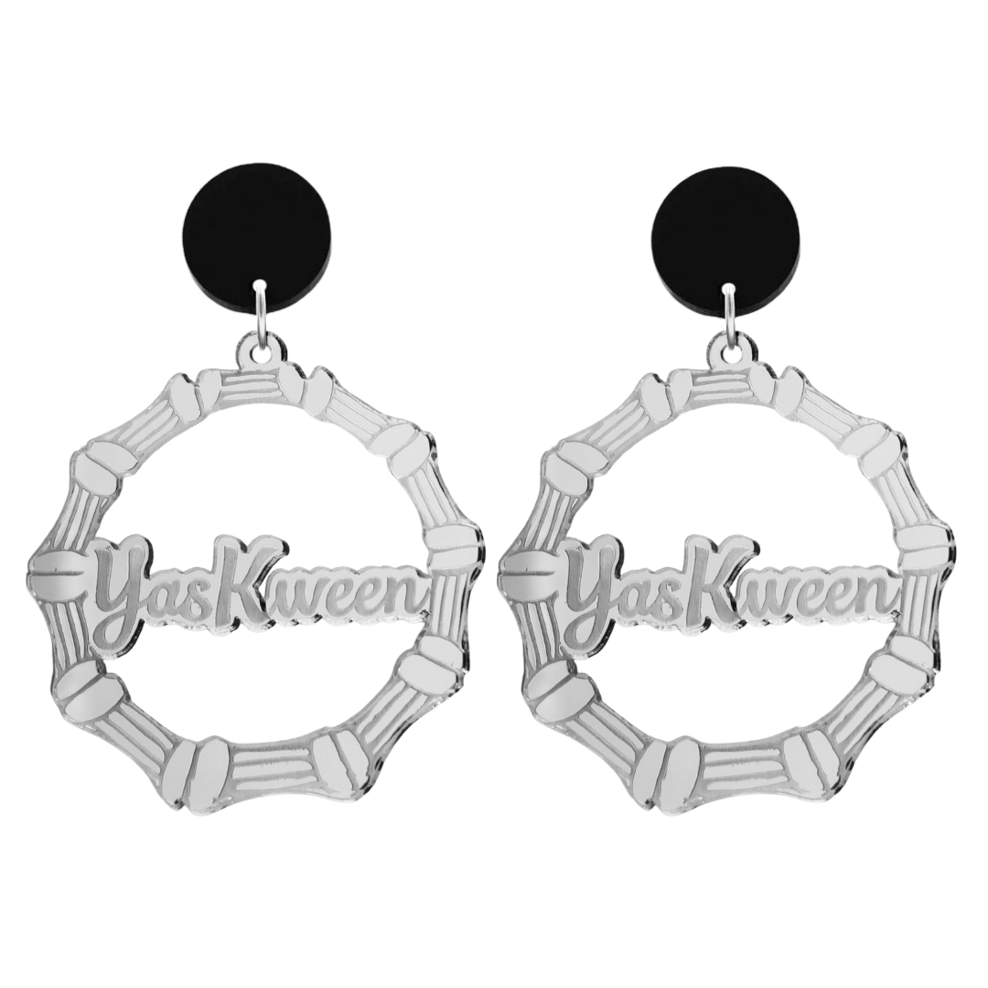 haus of dizzy acrylic silver mirror bamboo hoops with ollie cursive text that reads yas kween with black circle stud tops size large
