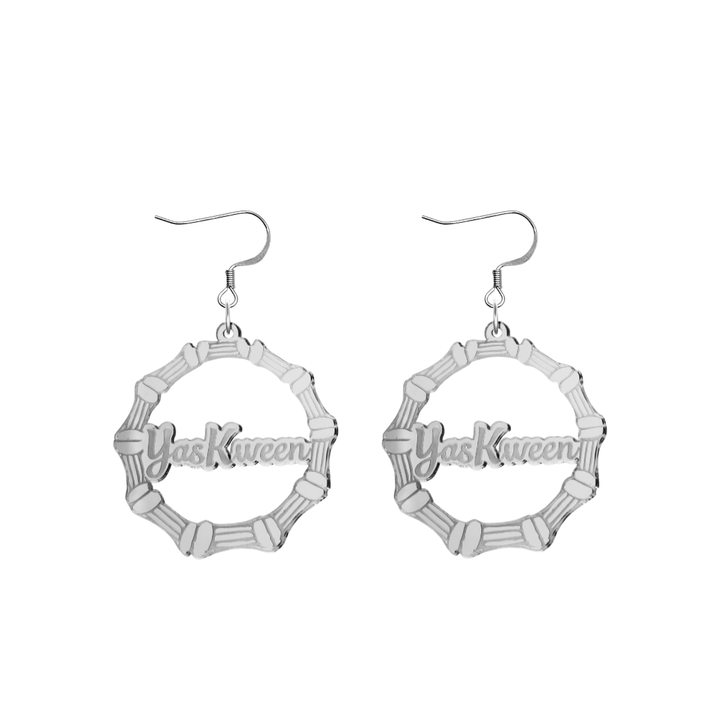 haus of dizzy acrylic silver mirror bamboo hoops with ollie cursive text that reads yas kween with hooks no circle stud tops size small