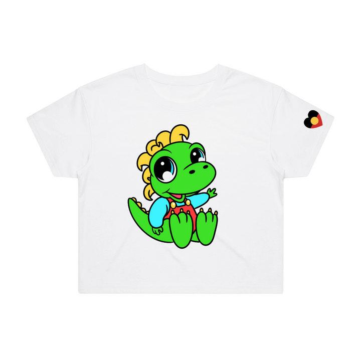 White crop t-shirt with a green dinosaur, Ziggysaurus, on front, the t-shirt is on a white background