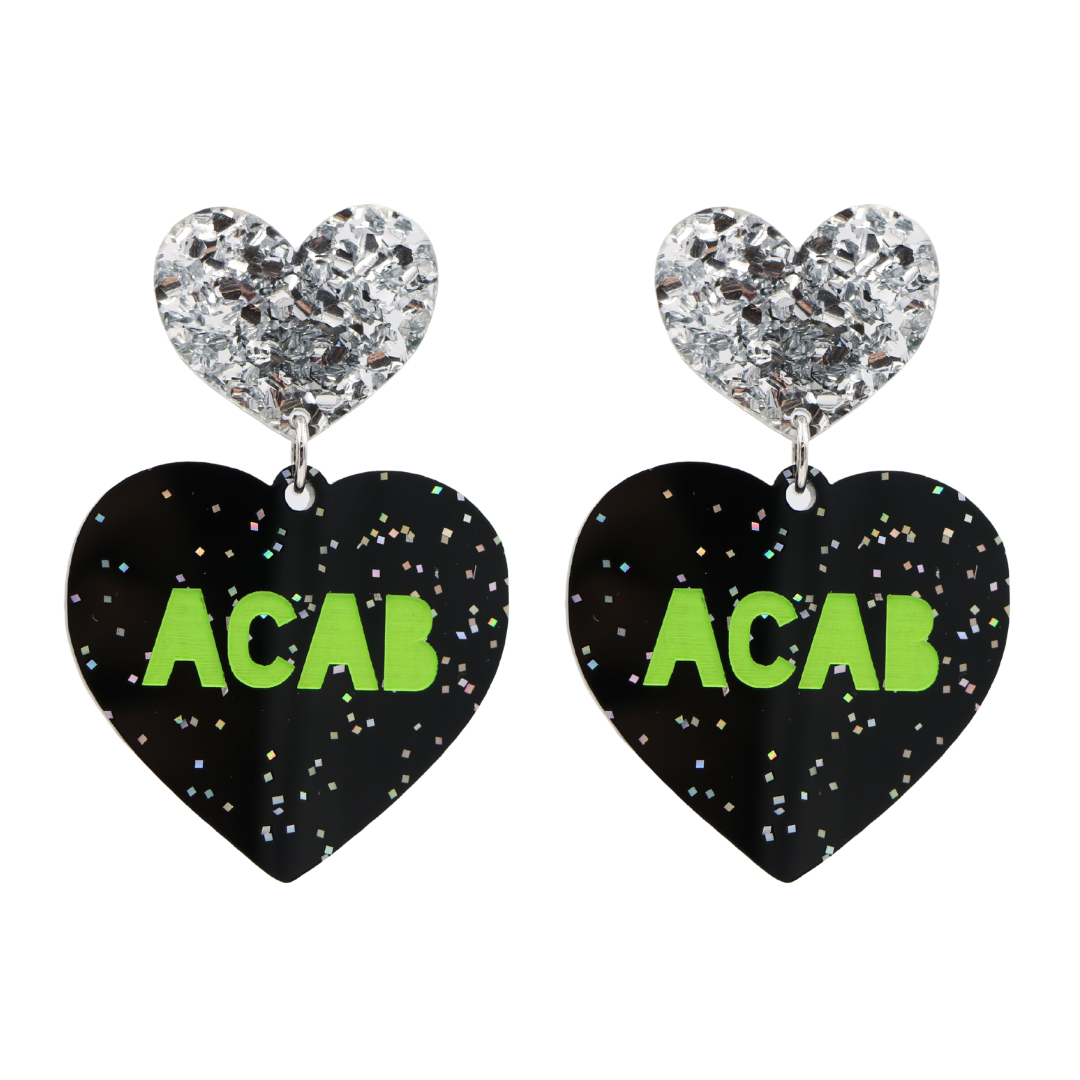 Haus of Dizzy 'ACAB' Black Glitter Heart Earrings