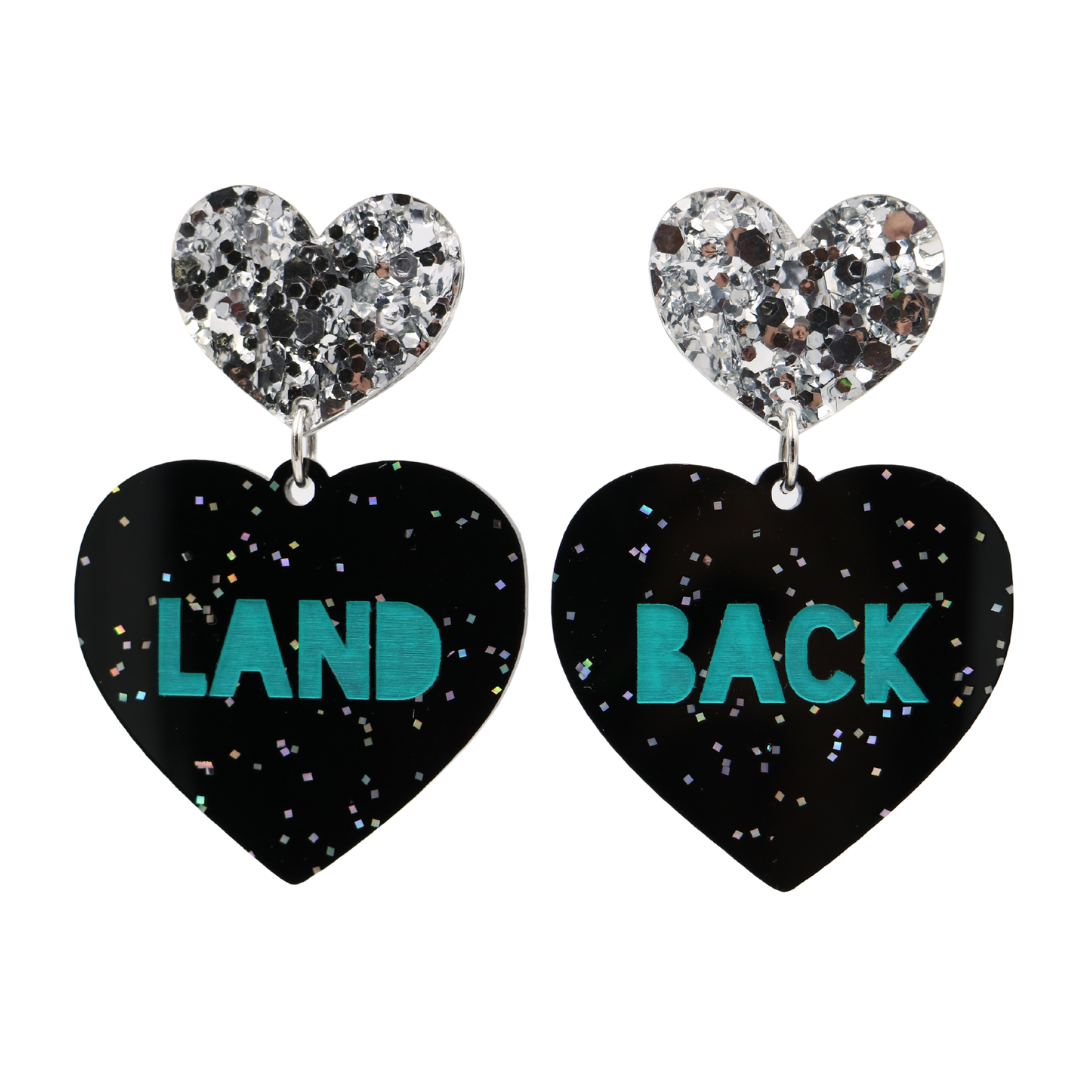 Haus of Dizzy 'Land Back' Black Glitter Heart Earrings