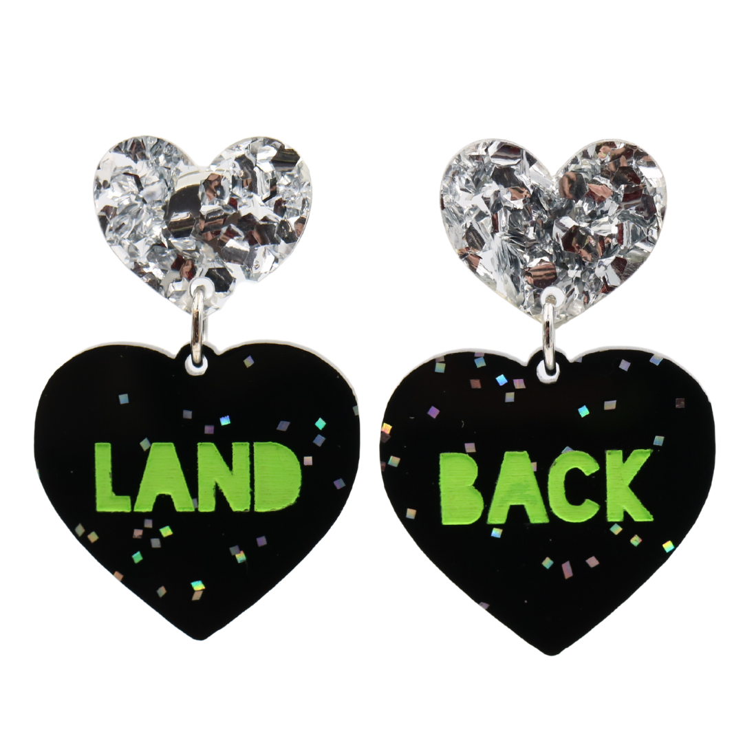 Haus of Dizzy 'Land Back' Black Glitter Heart Earrings