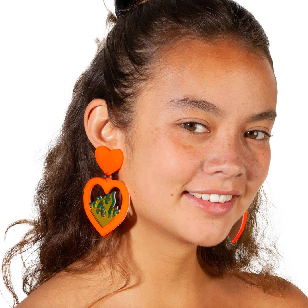 Haus of Dizzy Neon Flame Heart Earrings