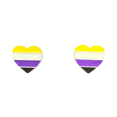 An image of hand painted Non-Binary Pride Flag studs on acrylic 