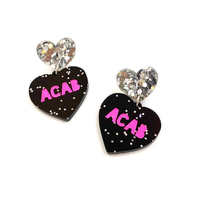 Haus of Dizzy 'ACAB' Black Glitter Heart Earrings
