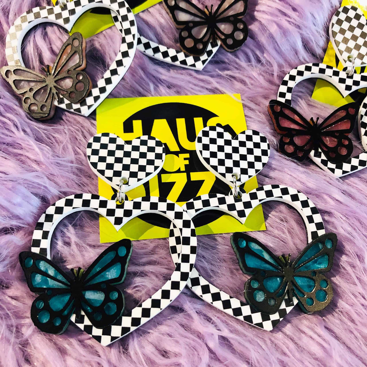 Checkered Butterfly Heart Earrings