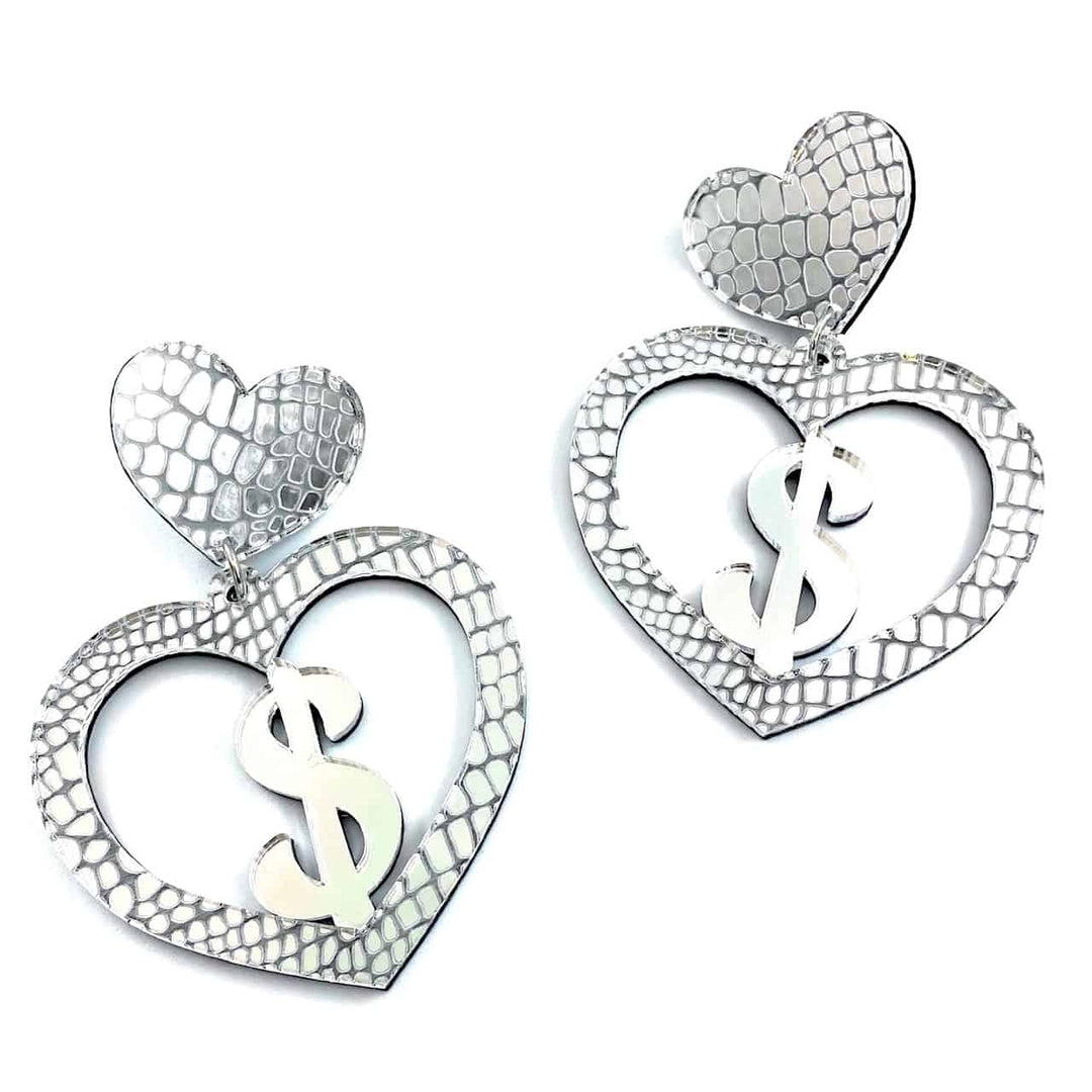 Haus of Dizzy 'Croc Dollarz' Mirror Heart Earrings