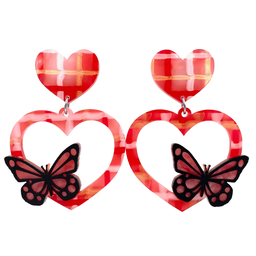 Haus of Dizzy 'Beautiful Butterfly' Plaid Heart Earrings 🦋