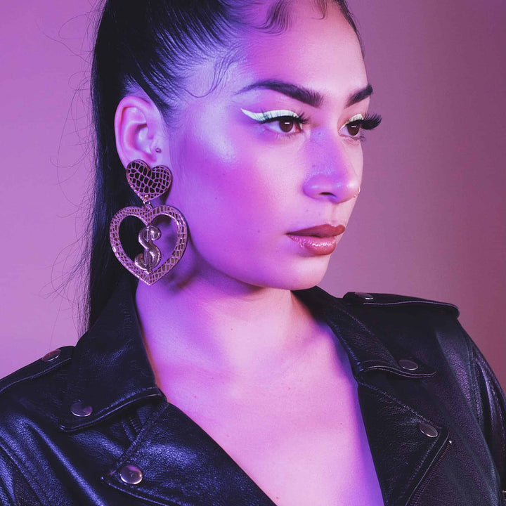 Haus of Dizzy 'Croc Dollarz' Mirror Heart Earrings